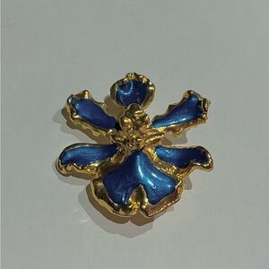Vintage Gold dipped Blue Enamel Real Orchid Brooch /Pendant Jewelry
